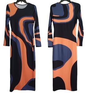 Women's Long-Sleeve Bodycon Dress with a Round Neck And Wave Pattern Print